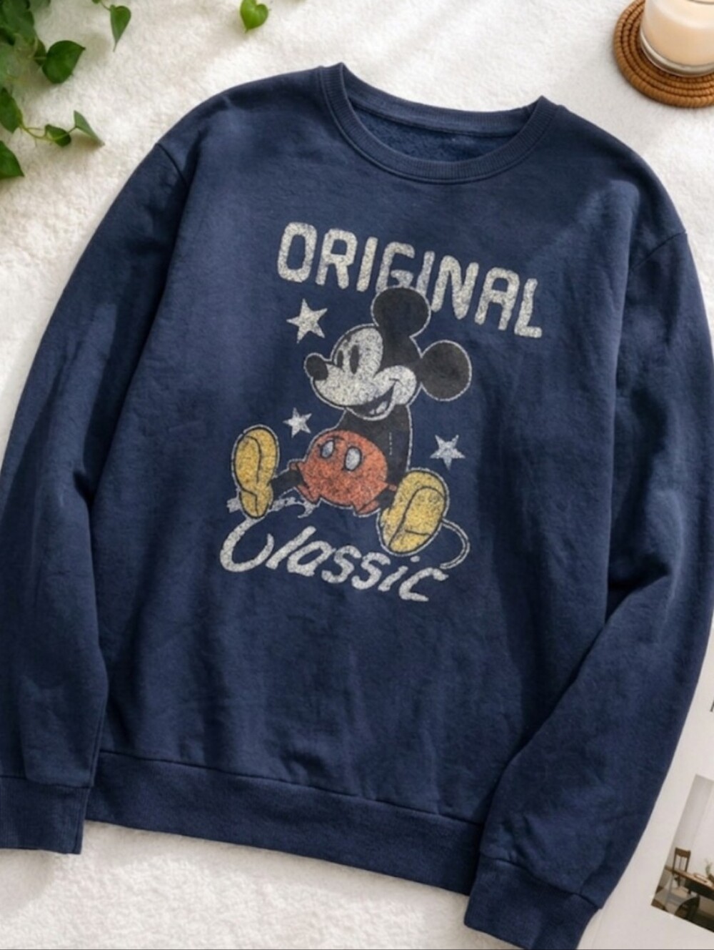 Disney Navy Crew Sweatshirt with Vintage Mickey Graphic and Yellow Accents